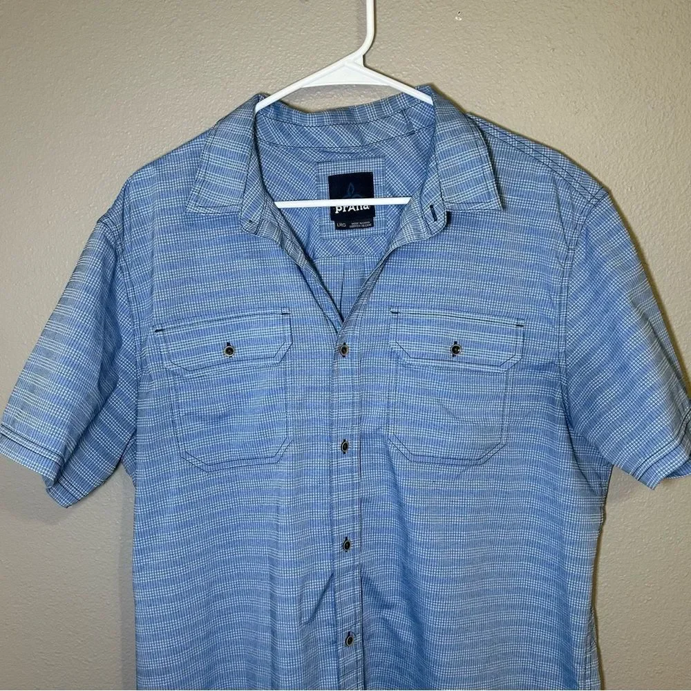 prAna Cayman Blue Short Sleeve Button Down Outdoor Shirt Pockets Mens Size Large